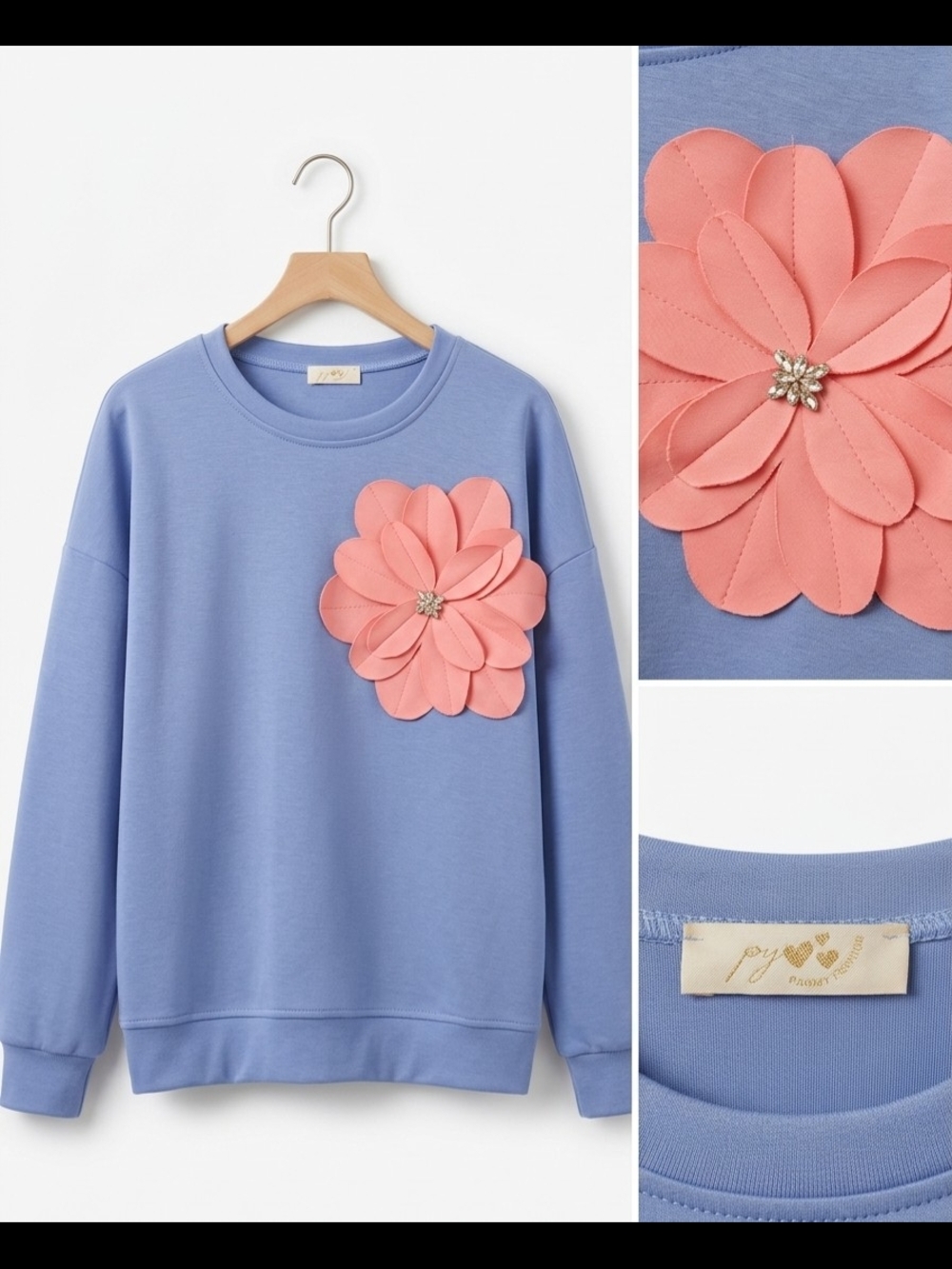 Blue Sweatshirt with Pink Floral And Rainstones Applique